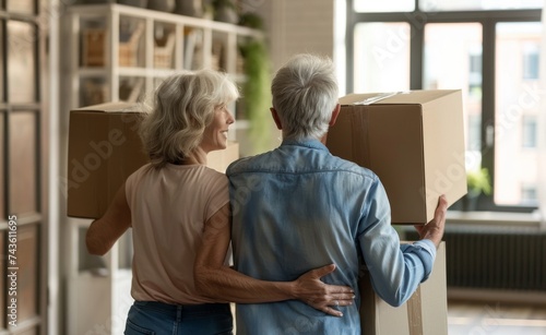 Elderly couple of new home with moving boxes. Retirement, relocation, and starting a new life beginnings.