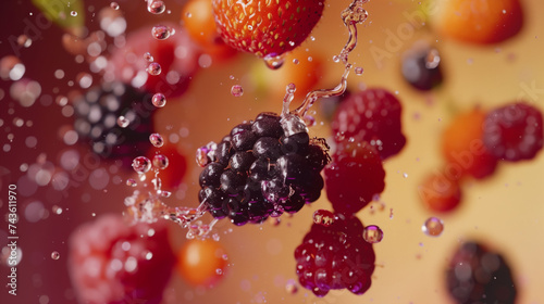 Mix of different berries flies towards the camera in slow motion, with water and juice droplets. Brightly colored background. Realistic effect.
