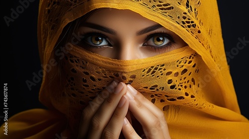 Portrait close-up of the face of a young charming woman wearing the terracotta hijab orange yellowish