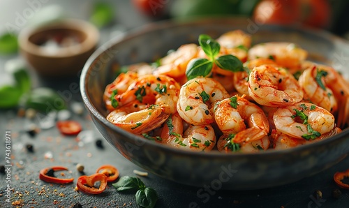 Delicious sauteed spicy shrimp with lime and basilik.