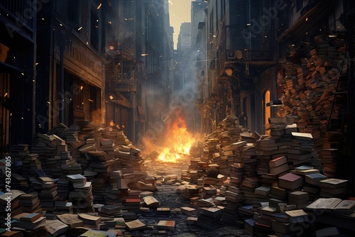Burning books. A large pile of books burns on a fire on a city street