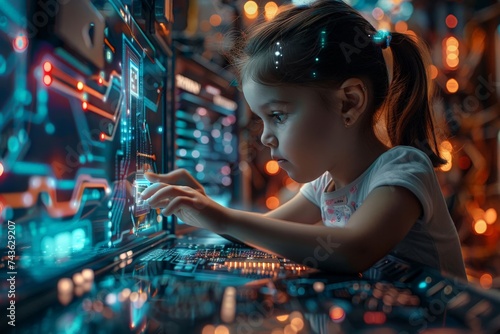 future technology, augmented reality and cyberspace concept. Education new technology. EdTech. Little girl uses a futuristic processor for augmented reality. Science technology concept.