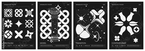 Black and White minimalistic Posters acid style with strange wireframes geometrical shapes and silhouette y2k basic figures, futuristic design inspired by brutalism, set 51