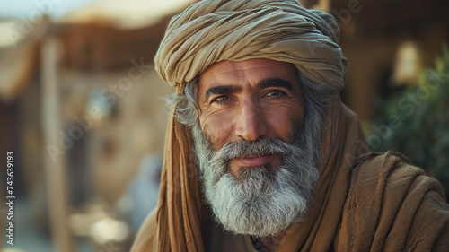 Portrait of an older man with a warm smile, reminiscent of the biblical patriarch Abraham.