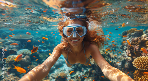 Young woman underwater wearing mask during snorkeling swimming on summer tropical vacation with colorful fishes.Macro.AI Generative.