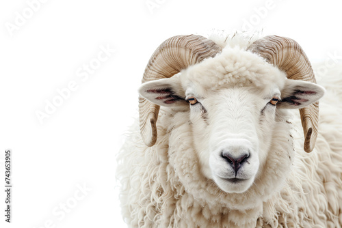 close up of a white ram with horns isolated on white background