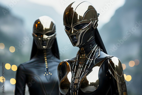 female aliens in dark chrome-plated protective clothing