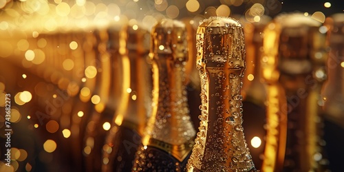 Dew-covered champagne bottles reflect the luxury and elegance of celebratory events
