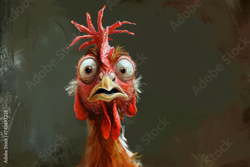 Humorous and exaggerated chicken caricature, fun twist on pet portrait
