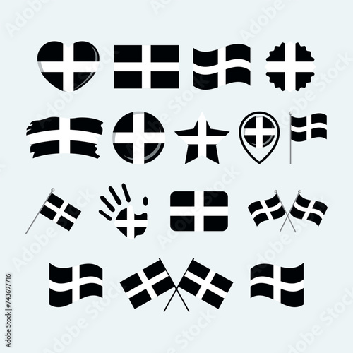 Saint Piran's Flag icon set vector isolated on a gray background. Cornwall flag graphic design element. Cornish flag icons in flat style. Saint Piran symbols collection