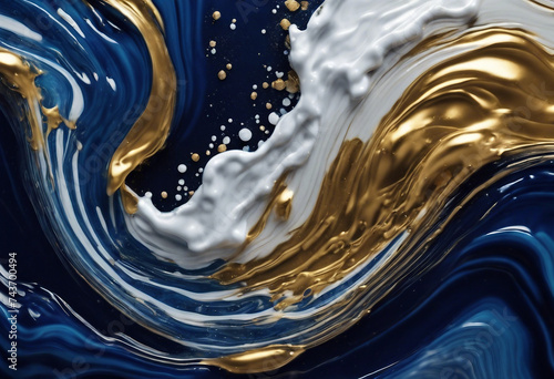 Dark blue waves in abstract ocean and golden foam Liquid acrylic artwork with flow and splash Marble
