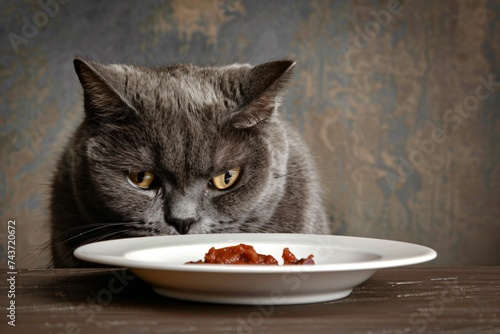 Cat disinterestedly looking at food embodying the finicky nature of felines towards their meals