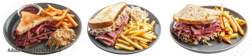 Reuben Sandwich Scrumptious corned beef sandwich with golden fries and coleslaw, ready to eat. Delicious corned beef sandwich with sides on a plate - Collection isolated on transparent background
