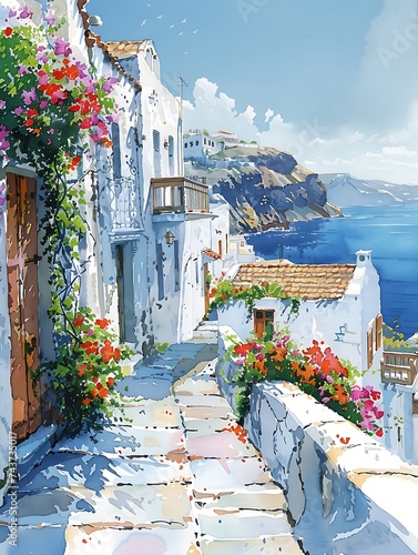 Santorini streets with windows and houses and flowers in watercolor style