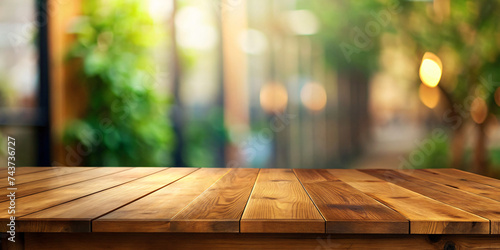 Empty wooden table in nature with bokeh background