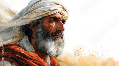 A powerful, painted portrait of a wise, aged man, evoking the biblical patriarch Abraham.