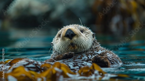 Close-Up View of a Wet Otter Floating Amidst Kelp in Calm, Blue Waters