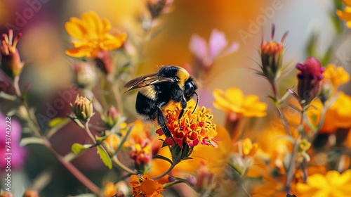 Bumblebee Gathering Pollen on Vibrant Orange and Yellow Flowers in a Sunlit Garden