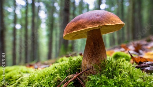 a bay bolet stands on a forest floor covered with moss