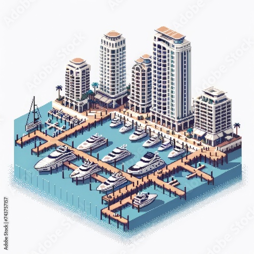 Pixel art of marina and yacht harbor with a white background, in the style of early 90s video game console, cute 8 bit illustration