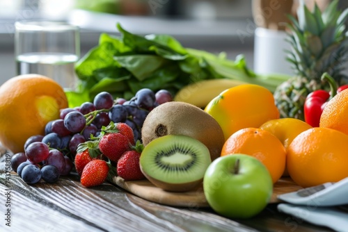 Variedad de frutas frescas sobre mesa de madera