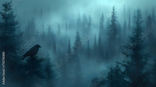 Misty landscape with fir forest in dark style with crow. dark mystical foggy forest. background