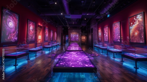 Violet shadows cast a dynamic glow in a museum where each exhibit tells a vivid story alive with history