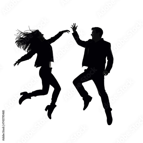 Black silhouette, tattoo of a woman and man in jump on white isolated background. Vector.