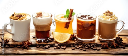 Assortment of warm beverages on blank background.