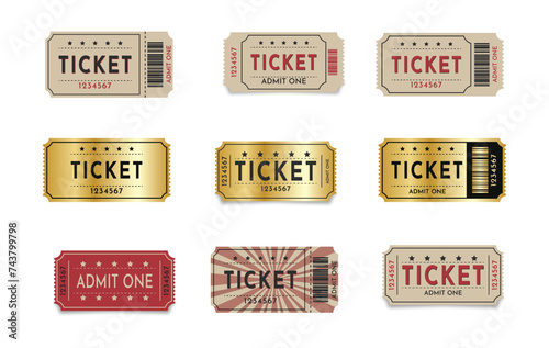 Admit one ticket design vector template. Ticket gold coupon vector design template set collection 