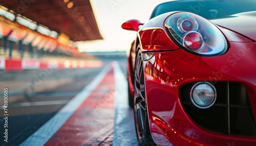 red sports car’s front bumper and headlight, with a blurred background of a racetrack and a grandstand
