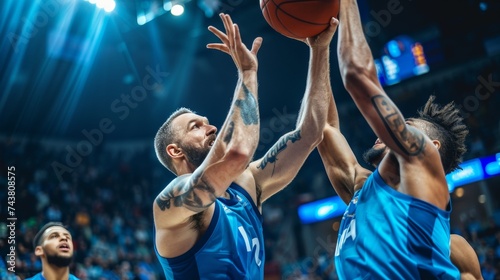 Intense basketball player focused on layup in action, close up of determined expression