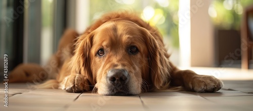 A close-up photo of a Golden Retriever peacefully laying on a tile floor in a park hallway.