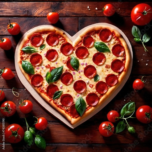 Romantic heart shaped pizza, with pepperoni and cheese
