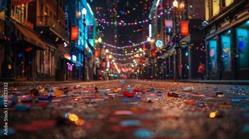 An empty city street early in the morning, with colorful confetti covering the ground after a night of celebrations.
