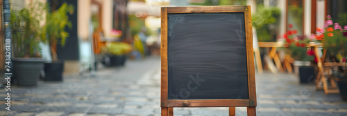 Signboard on the street. Empty menu board stand. Restaurant sidewalk chalkboard sign board. Freestanding A-frame blackboard near flower shop ur cafe.