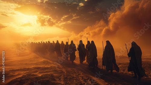 Moses leads jews through desert, biblical journey to promised land in sinai. religious historical escape narrated in bible, showcasing moses leadership and divine intervention in israelite exodus.