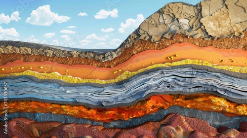 Cross-section of the Earth showing thermal layers, magma conduits, and mineral deposits