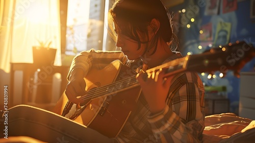 Serenade at sunset: young musician playing guitar in warm, golden light