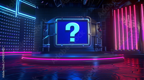 Quiz Question Sign - Futuristic Neon Game Show Studio with High-Tech Design and Vibrant Lighting