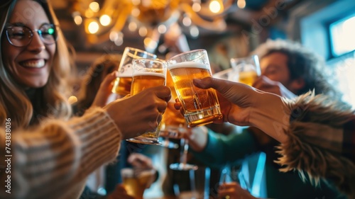 Friends engaging in social activities nonalcoholic beer, Toasting With Beer Glasses in a Cozy Pub