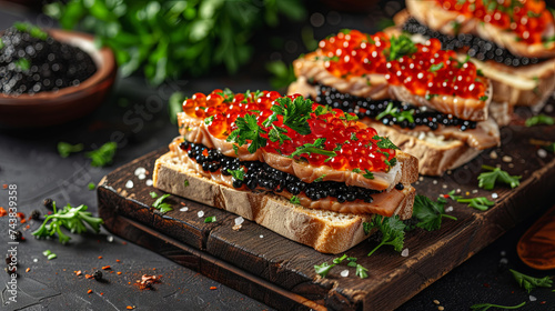 Sandwich with red and black caviar on a wooden kitchen board