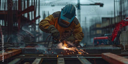 A worker carries out welding work at a construction site