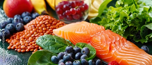 Beautiful bountiful image of leafy greens, lentils, berries, bananas, salmon fillet denoting good balanced diet of lean proteins, fruits, vegetables, whole grains