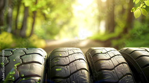 The golden hour sun casts a warm glow on a vehicle's tire on an open road, evoking a sense of travel and adventure.