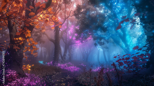 Mystical forest with colorful bioluminescent plants and swirling fog