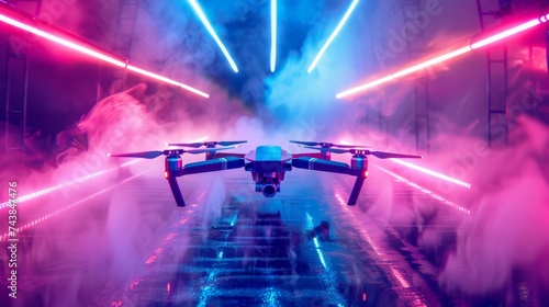Futuristic drone racing in a stadium with bright neon lights and smoke, showcasing innovation and speed.