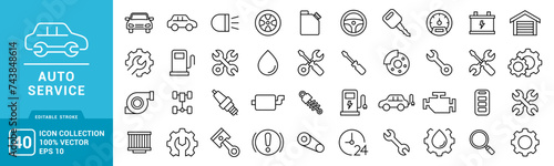 Collection of auto service icons, machine, garage, workshop, vehicle, car, vector icons editable stroke and resizable EPS 10.