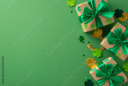 Festive St. Patrick's arrangement top view, showing four-leaf clovers, gnome's prosperity coins, gifts, a charm horseshoe, and confetti, placed on a green field, with area for text or ads