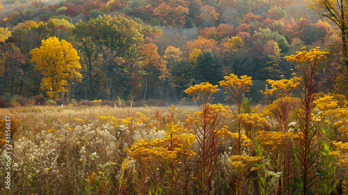 Goldenrod in the autumn landscape, showcasing its warm hues amidst fall foliage.